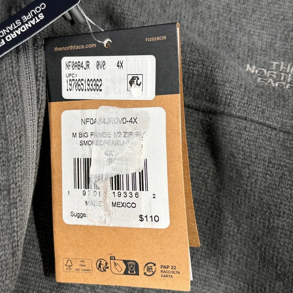 The North Face Mens Big‎ Fringe 1/2 Zip Fleece Smoked Pearl Heather 4X NF0A84JR